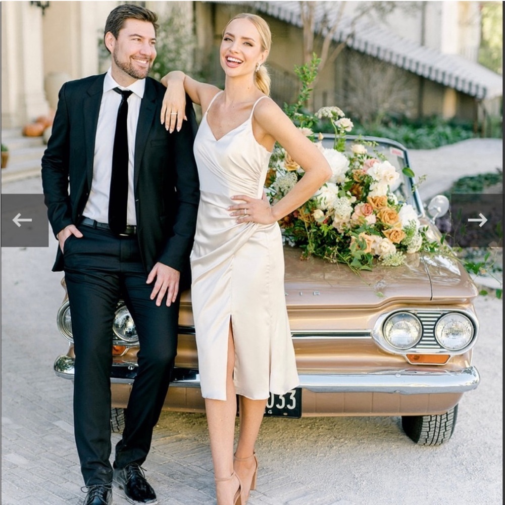 Revelry Rory Satin Midi Dress Gold Champagne Ruched Bridesmaid Formal Prom Dress